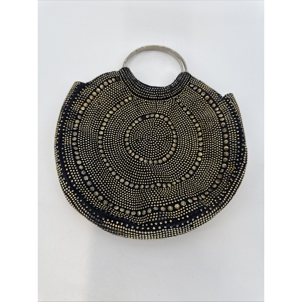 Vintage 1960's Black & Gold Beaded Purse Hong Kong Metal Handles Cocktail